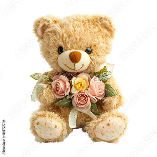 Adorable teddy bear gently holding pastel roses sits against bright white background. AI Generated