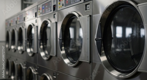 Row of Industrial Stainless Steel Commercial Washing Machines in a Modern Laundromat