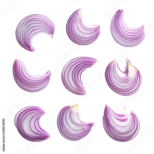 Red onion slices neatly arranged vibrant color overhead shot. AI Generated