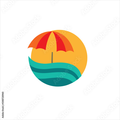 Illustration of a beach umbrella on a beach with waves in a circle shape