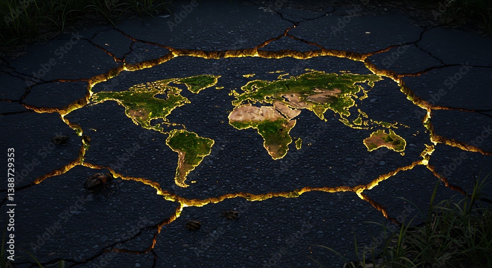 Fototapeta premium Glowing World Map on Cracked Pavement Earth and Infrastructure Concept