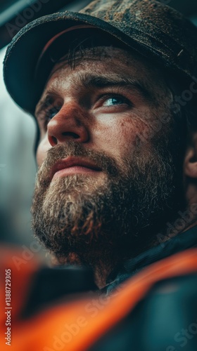 Rugged Industrial Resilience Authentic Workwear Portrait of Modern Blue-Collar Masculinity - Gritty Workforce Narrative in High-Contrast Urban Manufacturing Aesthetic