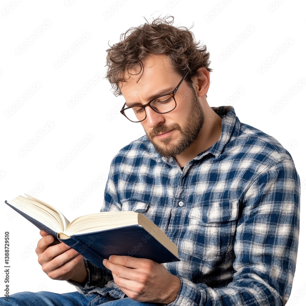 Man with glasses attentively reading a book casual plaid shirt focused expression studious Man with glasses attentively reading a book casual plaid shirt focused expression studious