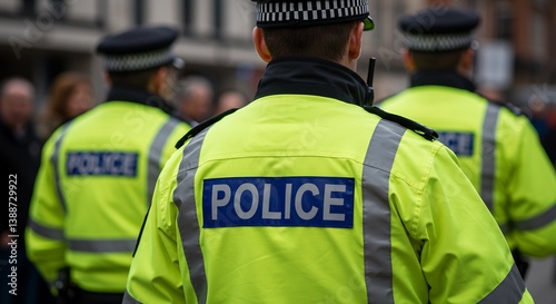 Rear View of Police Officers in High Visibility Jackets at an Outdoor Event