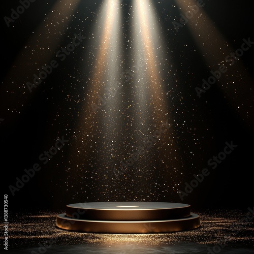Elegant black podium on stage illuminated by a bright spotlight creating a dramatic atmosphere for presentations