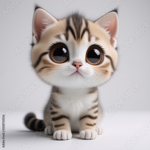 A fluffy, big-eyed kitten with striped fur sits and gazes directly ahead.  Its adorable expression and soft features are prominent against a plain background.
