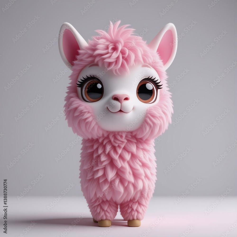 Fototapeta premium A fluffy, baby pink llama with big, adorable eyes stands against a soft grey backdrop, creating a charming and endearing portrait of this cuddly creature.