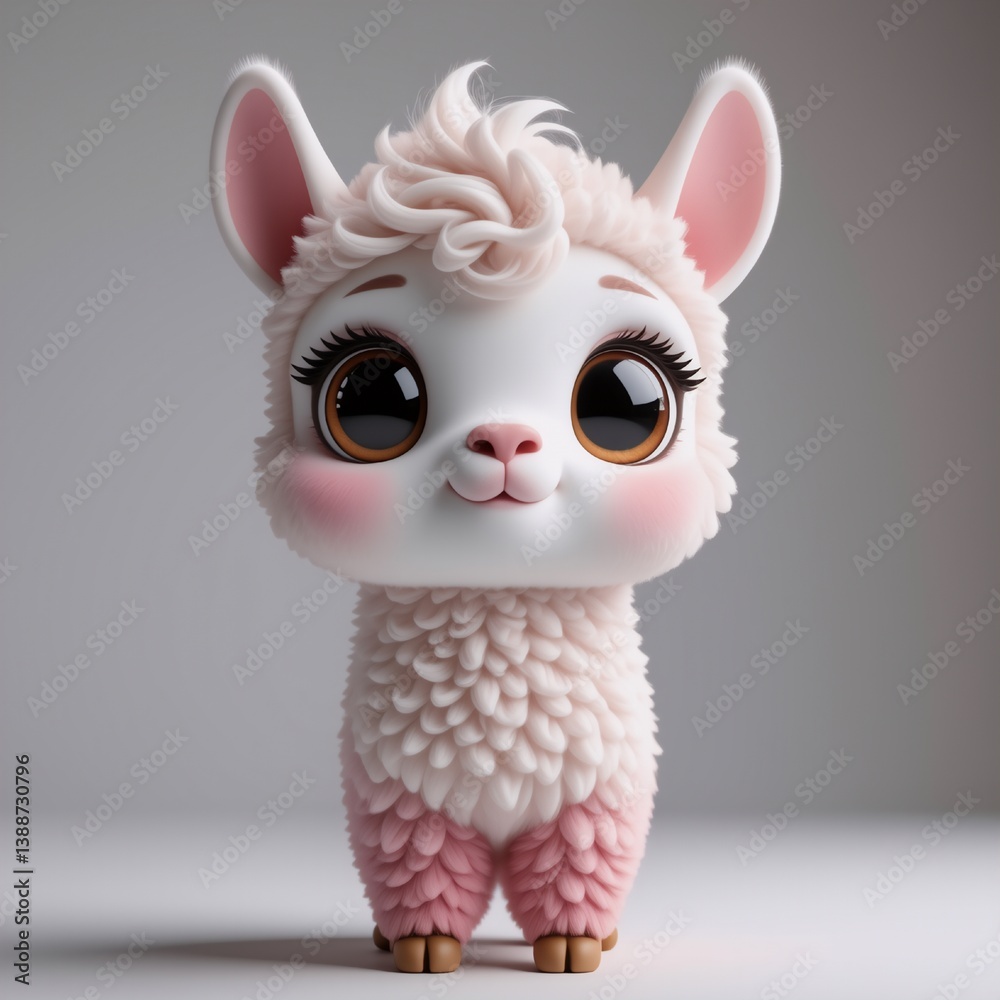 Fototapeta premium Sweet fluffy llama with large brown eyes and pink accents on ears, legs and cheeks. Standing on a white surface. Soft, adorable and gentle.