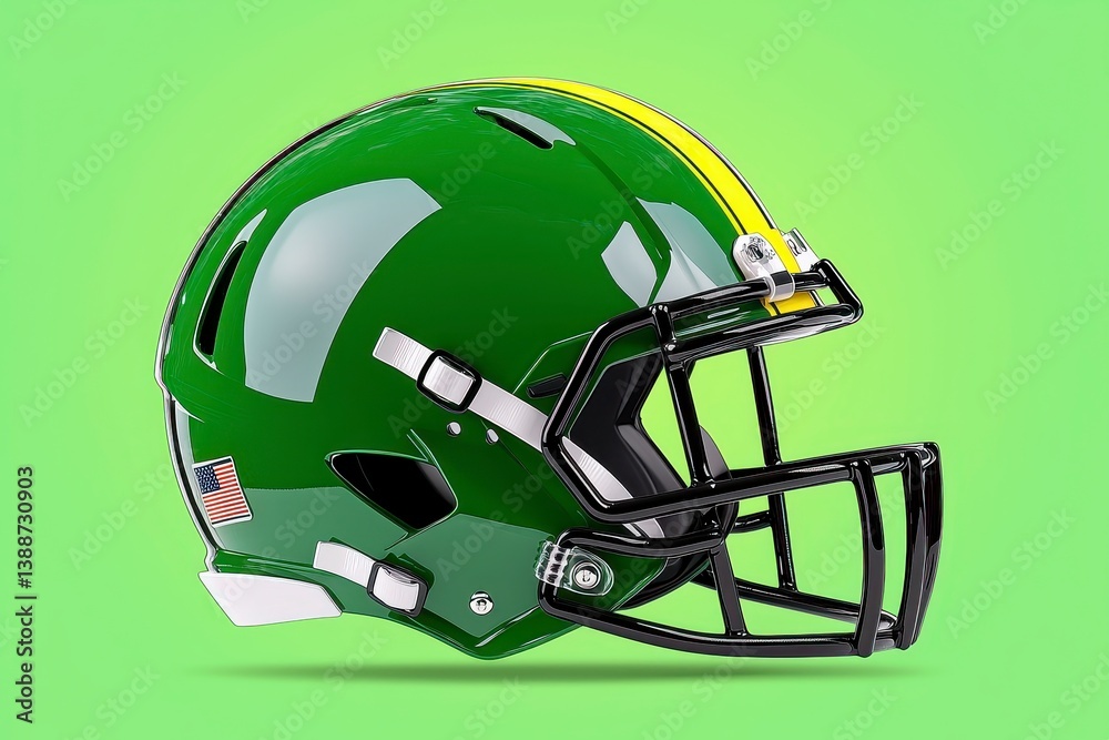 Fototapeta premium Green Football Helmet with Yellow Stripe and Black Facemask