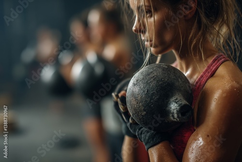 Woman lifting kettlebells in a Crossfit gym, showcasing strength and endurance training.