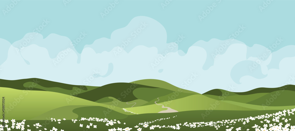 Fototapeta premium Abstract landscape background vector. Panorama view wallpaper in minimal design with mountain, tree, flower, cloud. Illustration for print, interior, wall art, decoration, cover, banner. 