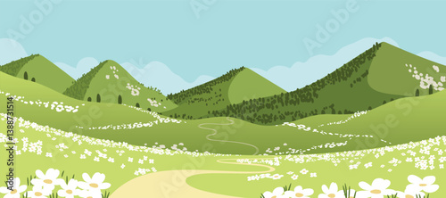 Abstract landscape background vector. Panorama view wallpaper in minimal design with mountain, tree, flower, cloud. Illustration for print, interior, wall art, decoration, cover, banner. 