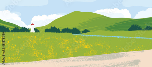 Abstract landscape background vector. Panorama view wallpaper in minimal design with mountain, tree, river, lighthouse. Illustration for print, interior, wall art, decoration, cover, banner. 