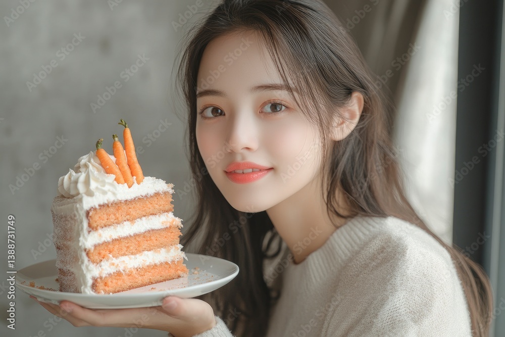 Woman Holding Carrot Cake Slice with Cream and Miniature Carrots Woman Holding Carrot Cake Slice with Cream and Miniature Carrots