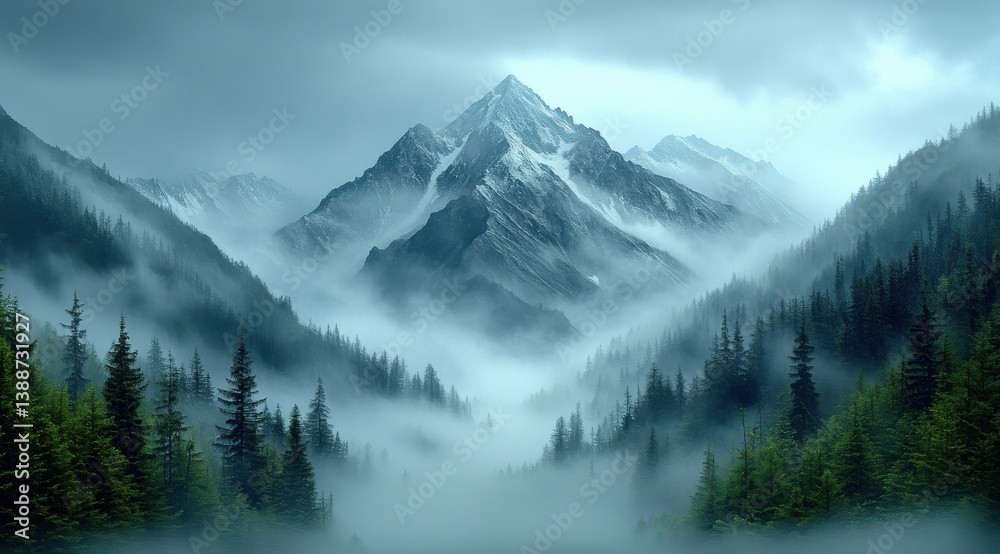 Obraz premium The mountains are covered in fog and trees