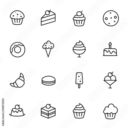A set of food icons including donuts, cakes, and ice cream