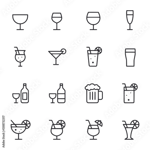 A set of black and white icons for various drinks and glasses