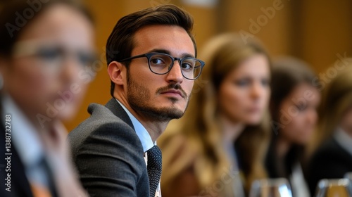 The diplomat leans slightly forward a look of determination on their face as they articulate key points to an attentive audience