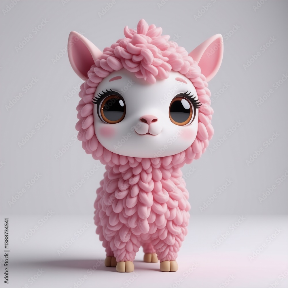 Fototapeta premium A cute, fluffy, pink llama stands against a plain background, its big eyes wide and innocent. The soft, woolly texture and pastel colors give it a gentle, toy-like appearance.