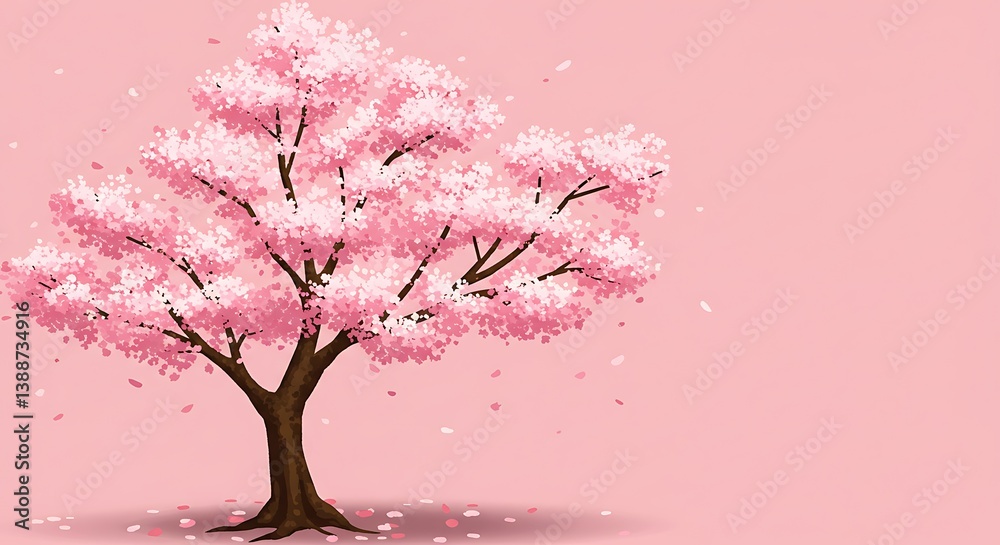 Fototapeta premium Blooming Cherry Tree with Pink Blossoms on Pastel Background Illustration