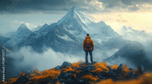 A man stands on a mountain peak, looking out over the vast expanse of the sky