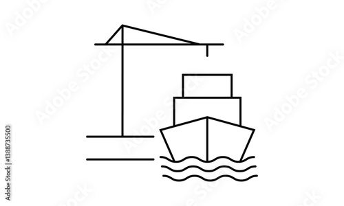 Cargo port outline icon. harbor, harbor dock, seaport outline icon. Line sign of port crane and ship. Vector isolated on transparent background editable stroke. EPS 10