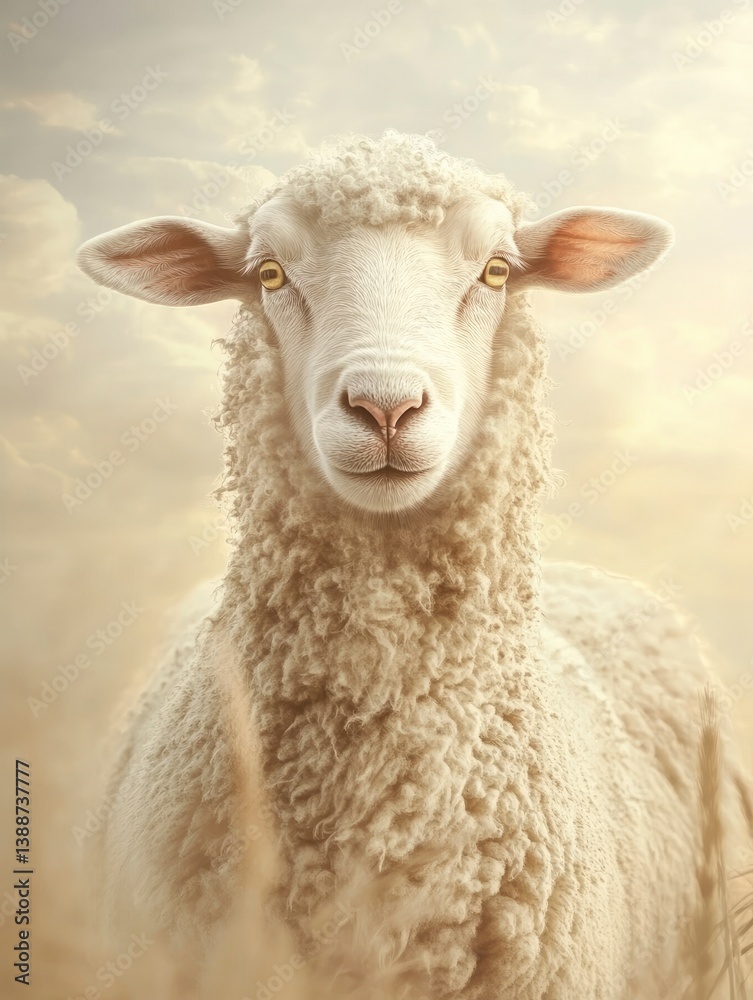 Close-up Portrait of a White Sheep with Yellow Eyes on Farm Close-up Portrait of a White Sheep with Yellow Eyes on Farm