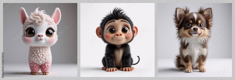 Fototapeta premium The image portrays three adorable, stylized animals: a llama, a monkey, and a dog, all featuring endearing and cartoonish characteristics. The creatures exude a sense of charm and playfulness.