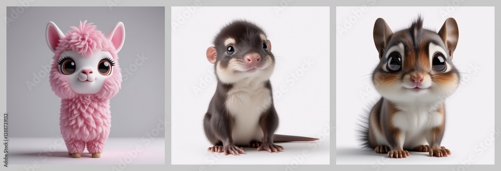 Fototapeta premium Three adorable creatures are presented, each with distinct features. One is a fluffy pink alpaca-like animal, another is a small rodent, and the last is a cute chipmunk. They are all looking friendly.