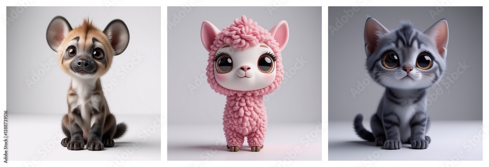 Fototapeta premium Cute stylized animal characters, a hyena, alpaca and cat, presented on a plain background. Each one has large eyes and adorable features for a heartwarming vibe.