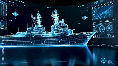 Holographic naval warship interface with futuristic data display and control panel
