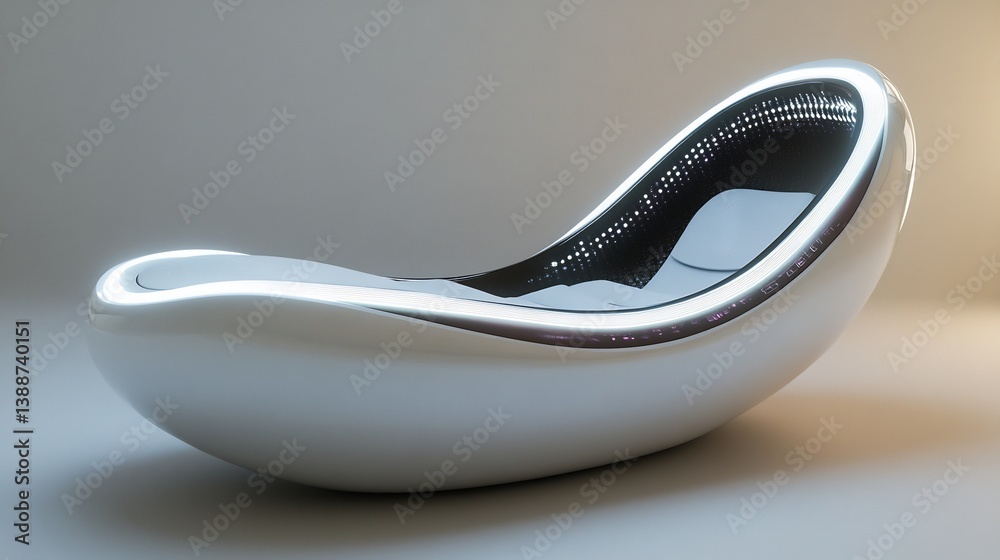 Sleek Modern Chaise Lounge: Futuristic Design, Silver Shell, Illuminated Interior Sleek Modern Chaise Lounge: Futuristic Design, Silver Shell, Illuminated Interior