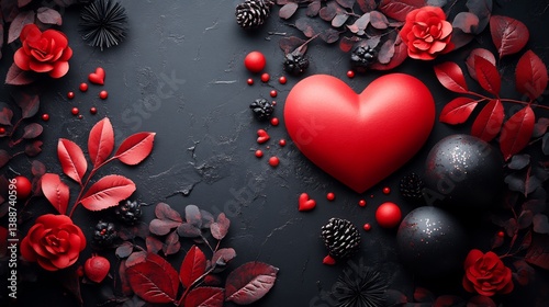 Festive valentines day card design with a three dimensional heart red and black color palette and romantic elements perfect for February 14th celebrations