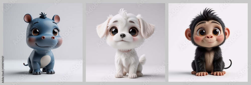 Obraz premium Three charming cartoon animals stand against a neutral background. A blue hippo, a white dog, and a monkey present adorable expressions. Each creature is cute and rendered in a stylized manner.