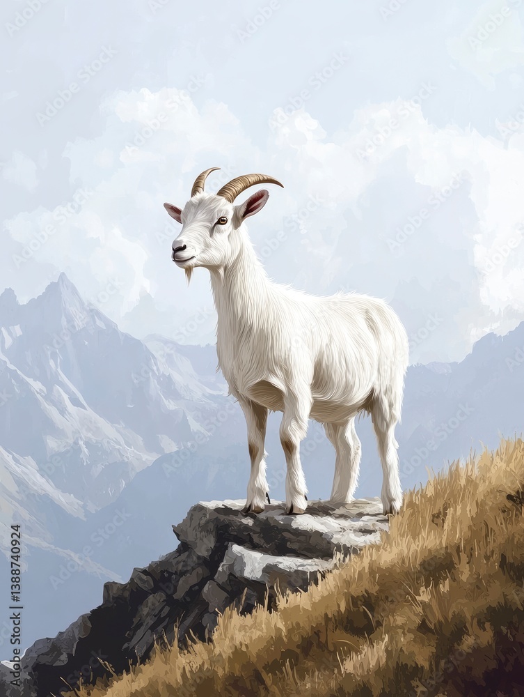 White Goat Standing on Rocks with Mountain Vista and Cloudy Sky White Goat Standing on Rocks with Mountain Vista and Cloudy Sky