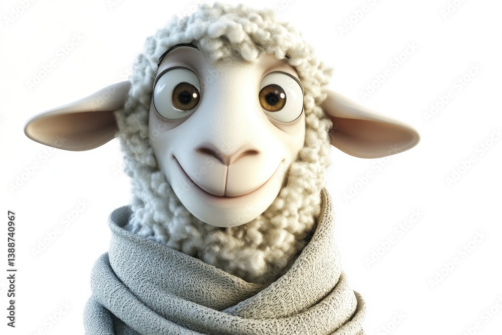 Naklejka premium Smiling Cartoon Sheep Wearing a Scarf Against a White Background