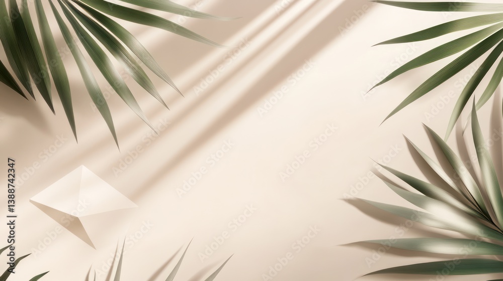 Fototapeta premium Beige background with palm leaves and shadows. Possible use product photography