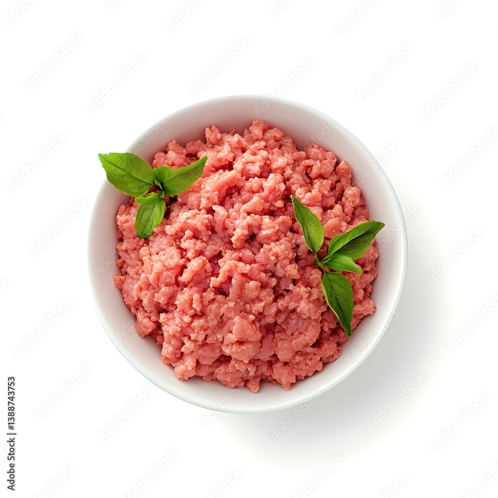 Fresh and raw ground chicken in a bowl with fresh herbs Fresh and raw ground chicken in a bowl with fresh herbs