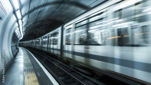 A minimalist image of a subway train speeding through underground tunnels, with blurred motion and no people, symbolizing urban transit.