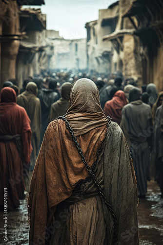 Chained individuals walk through the bustling marketplace of the ancient Arab slave trade