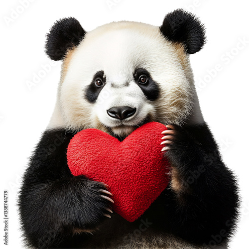 Adorable panda gently holds plush red heart against white background. AI Generated