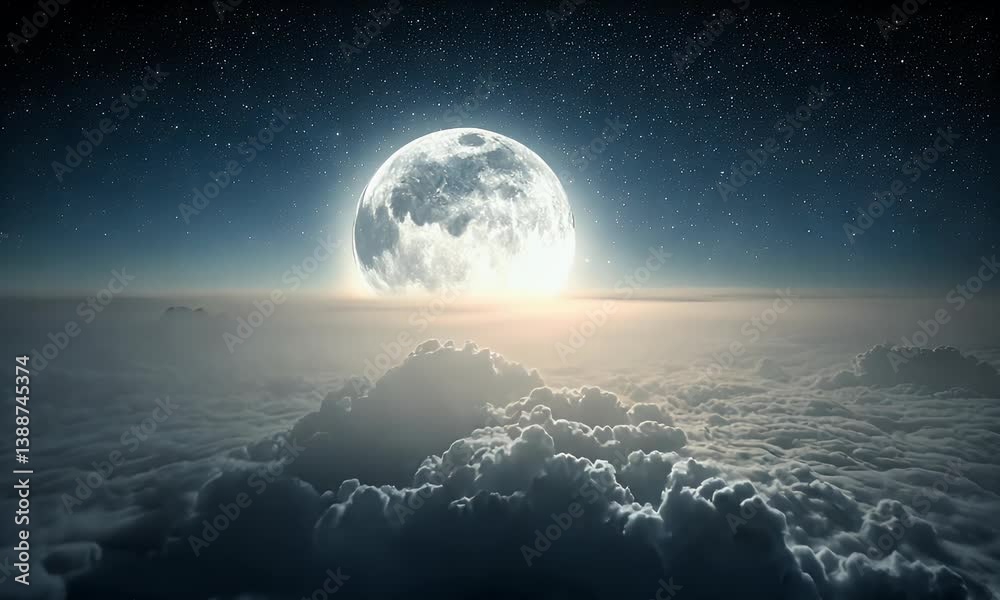 Enormous moon shines bright, above clouds with a starry night backdrop. Stunning view from the sky Enormous moon shines bright, above clouds with a starry night backdrop. Stunning view from the sky
