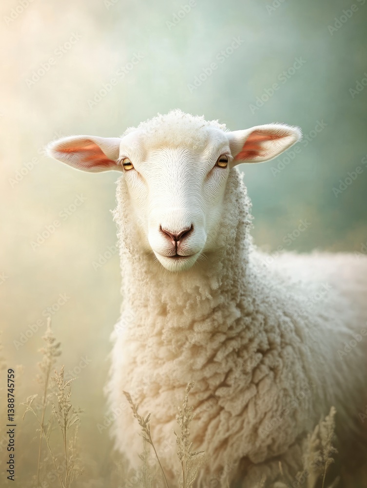 Close-up of a White Sheep Standing in a Field with Grass Close-up of a White Sheep Standing in a Field with Grass