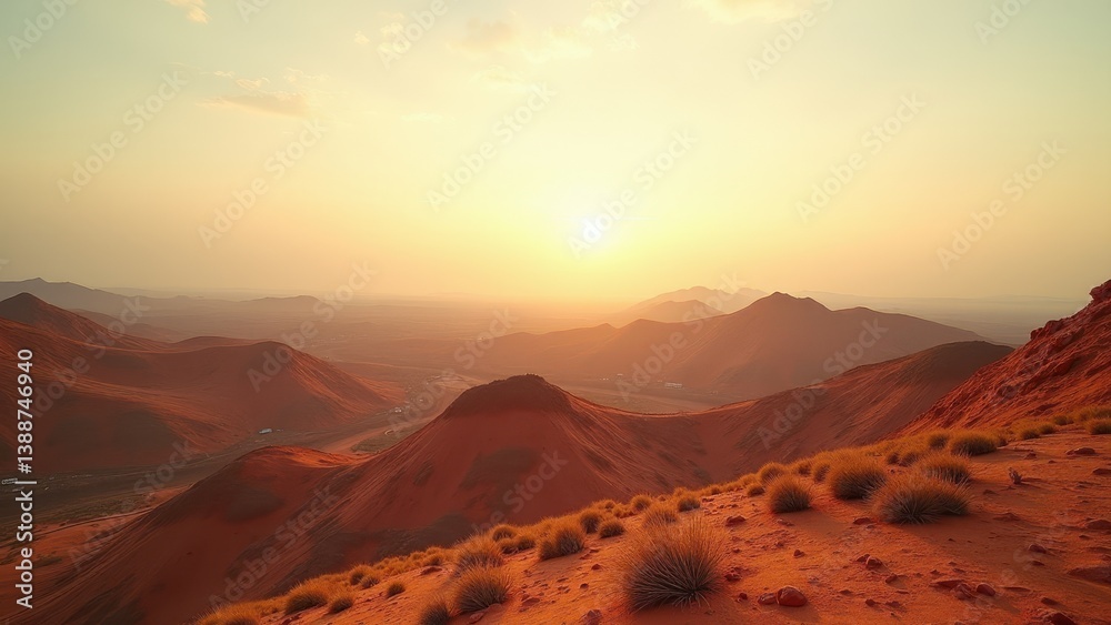 Naklejka premium Rolling desert hills with scattered shrubs at sunset under clear sky 
