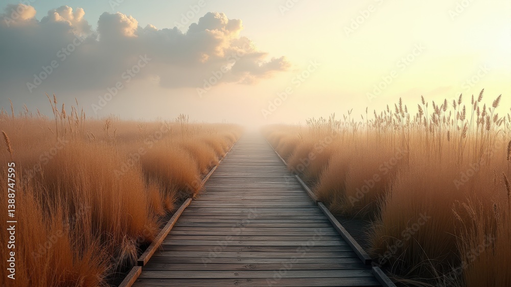 Fototapeta premium Wooden boardwalk through grassy dunes at sunrise with soft light and distant fog 