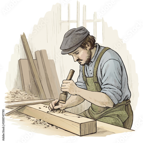 Create a detailed pencil sketch illustration of a skilled craftsman meticulously carving a wooden sculpture, showcasing hand tools and wood shavings.