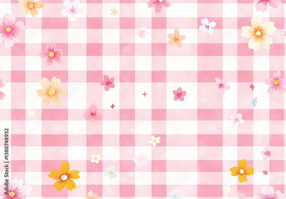 Delicate floral print on a pink gingham background Delicate floral print on a pink gingham background
