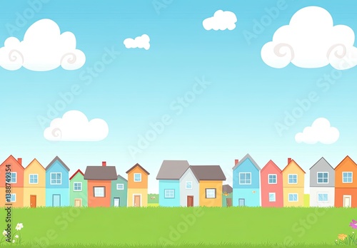 Colorful houses in a row on a grassy field under a clear sky