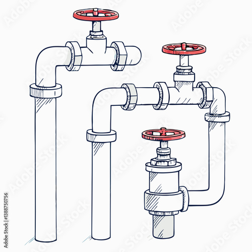 Create a detailed pencil sketch illustration of a plumbing pipe fitting set, showcasing various connectors, elbows, and valves.  Include realistic details and shading.