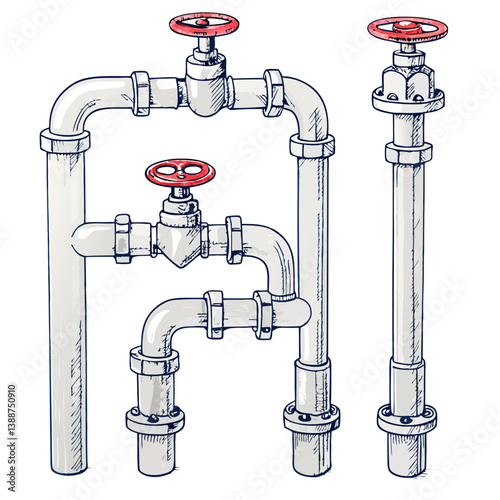 Create a detailed pencil sketch illustration of a whimsical set of plumbing pipes, playfully anthropomorphized with expressive faces and personalities.